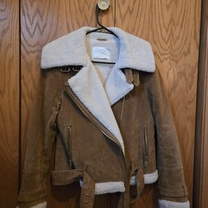 Zara Brown Double Faced Leather Suede Jacket with Cream Lining